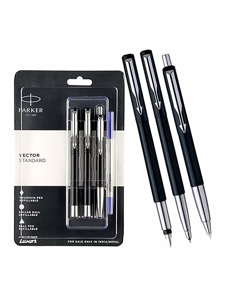 Parker Vector Standard Set: Ball Pen, Roller Pen, Fountain Pen with Steel Trim-Red