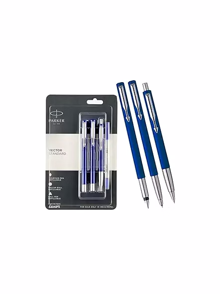 Parker Vector Standard Set: Ball Pen, Roller Pen, Fountain Pen with Steel Trim-Red-2