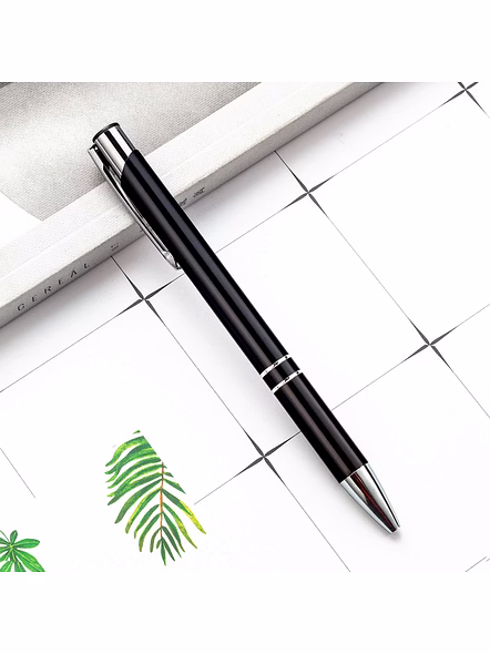 Refillable Metallic Click Ballpoint Pen with Silver Double-Ring Design - Premium Executive Pen Black