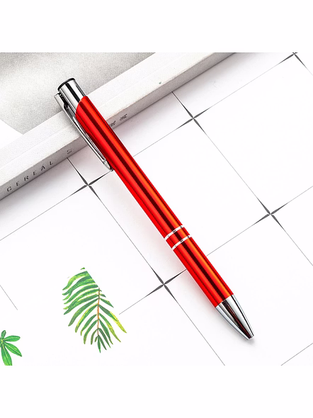 Refillable Metallic Click Ballpoint Pen with Silver Double-Ring Design - Premium Executive Pen Red