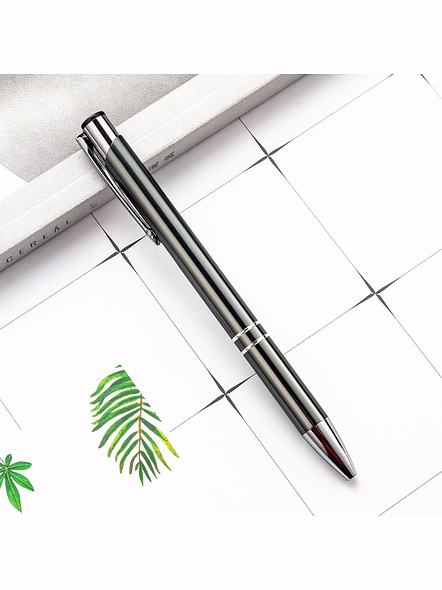 Refillable Metallic Click Ballpoint Pen with Silver Double-Ring Design - Premium Executive Pen Grey