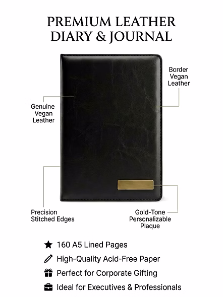 Personalized Premium A5 Vegan Leather Diary &amp; Journal with Custom Name Engraved Golden Plaque-Black-3