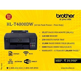 Brother HL-T4000DW - A3 Inkjet Printer, Refill Ink Tank Wireless Duplex Print