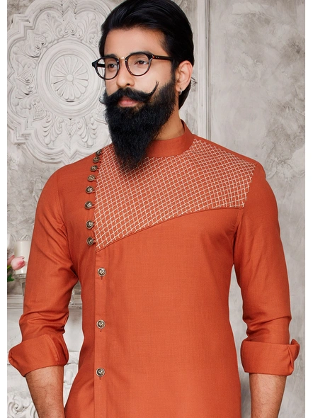 Orange MEN'S LINEN Cotton Asymmetric Kurta Pyjama Set-PKU-ALL-2