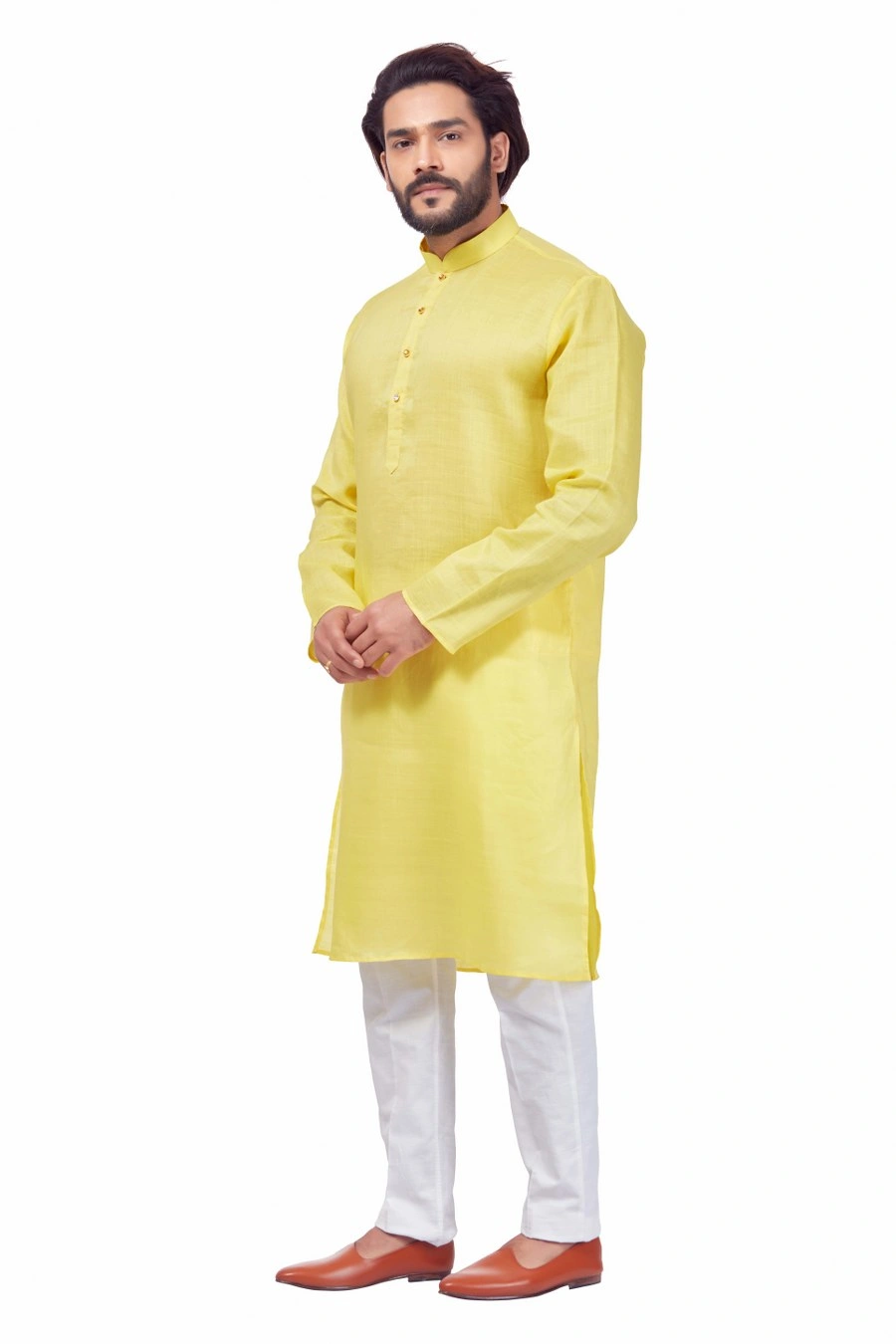 YELLOW LINEN  COTTON KURTA  PAJAMA SET-34-YELLOW-2