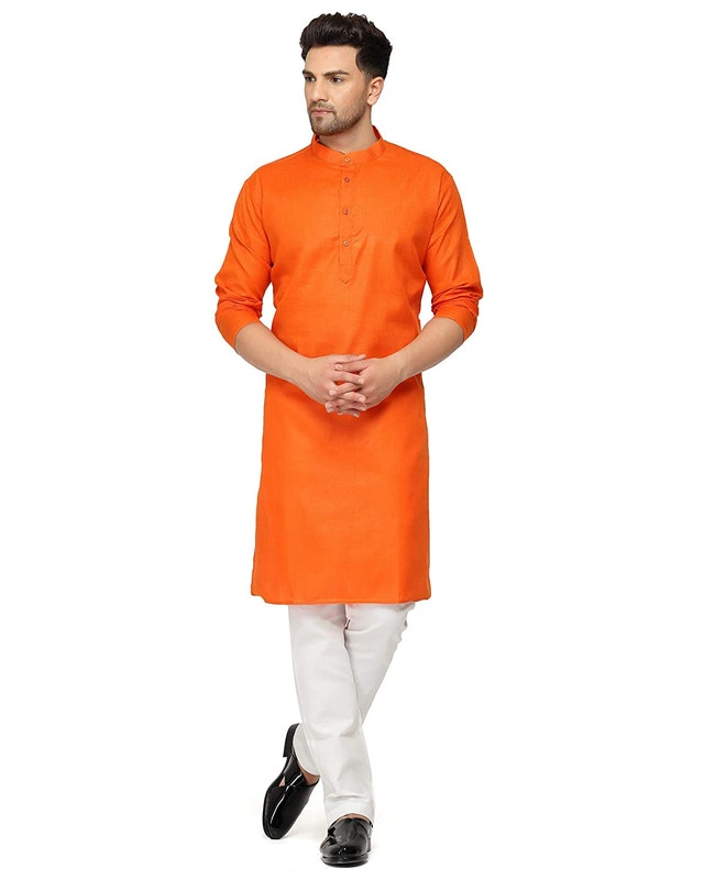 Men's Cotton Plain ORANGE Kurta Pyjama Set-orange15