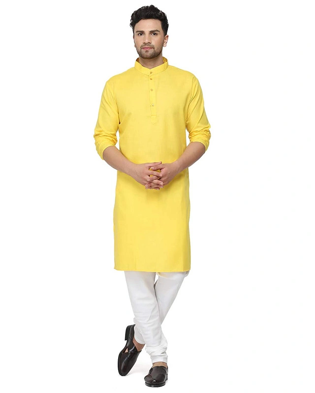 Men's Cotton Plain YELLOW Kurta Pyjama Set-Yellow15