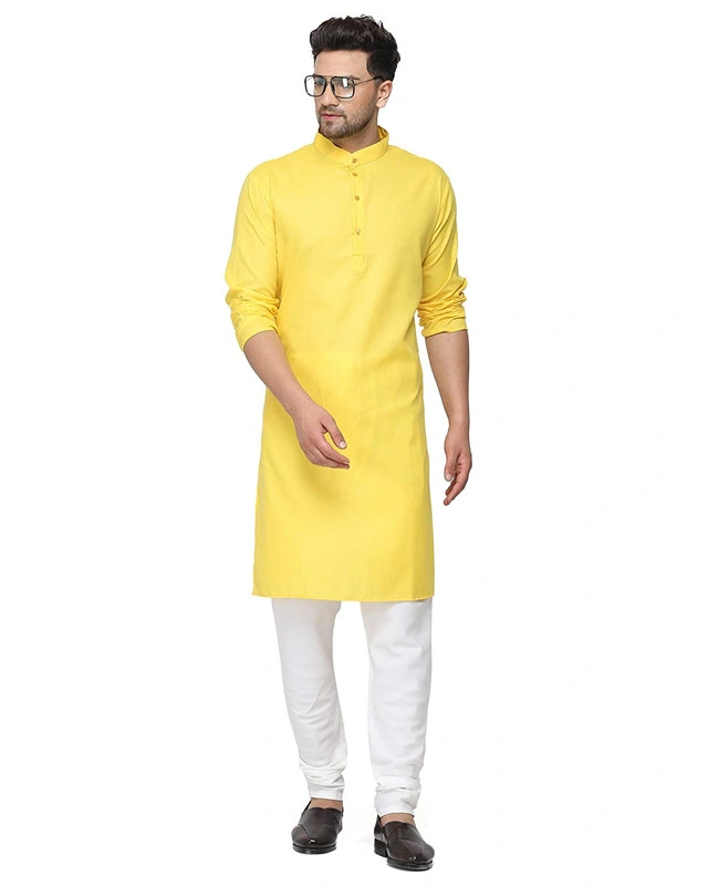 Men's Cotton Plain YELLOW Kurta Pyjama Set-yellow-34-1