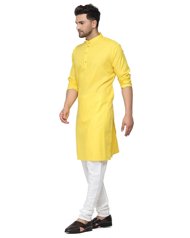 Men's Cotton Plain YELLOW Kurta Pyjama Set-yellow-38-2