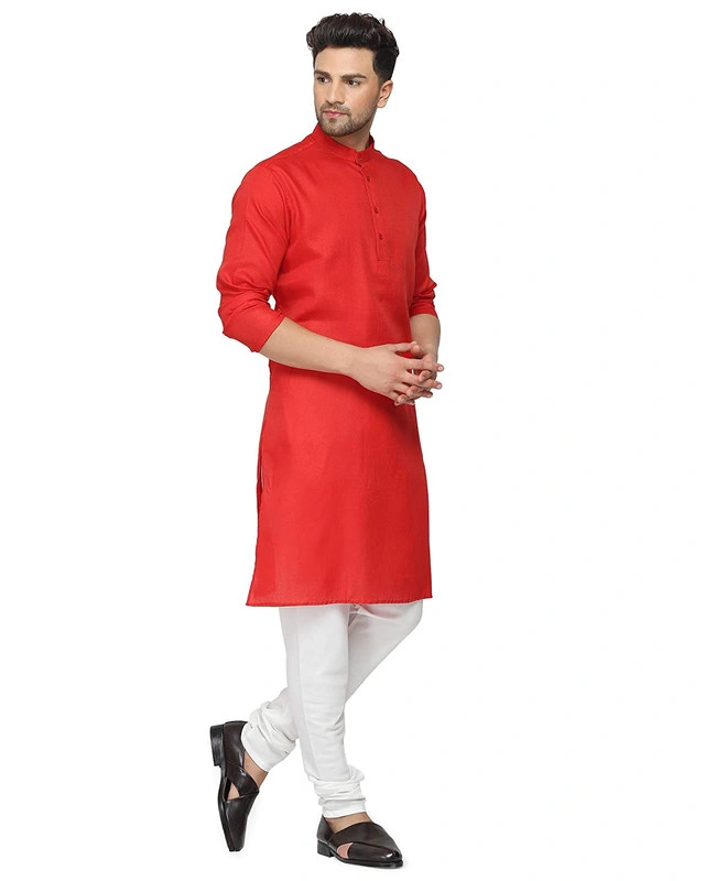 Men's Cotton Plain RED Kurta Pyjama Set-RED-36-2