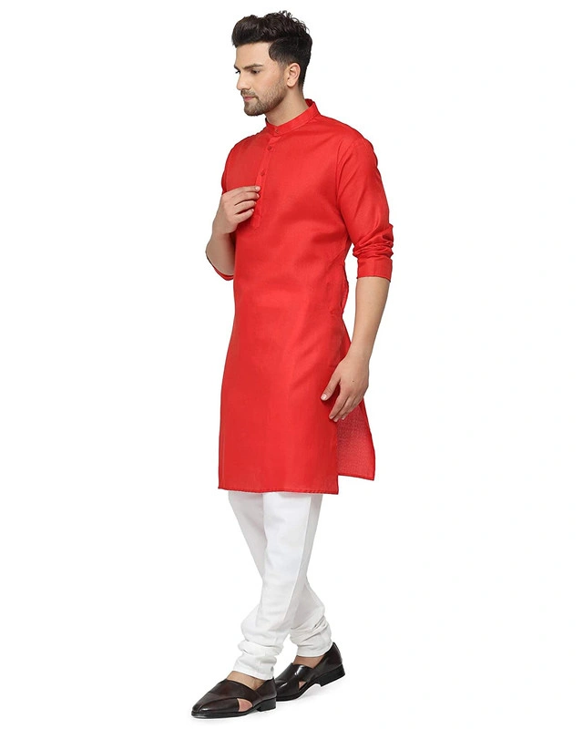 Men's Cotton Plain RED Kurta Pyjama Set-RED-44-3