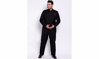 Plus Size Black Solid Bandhgala Suit