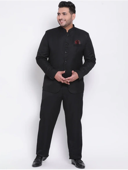 Plus Size Black Solid Bandhgala Suit-AAMU-5
