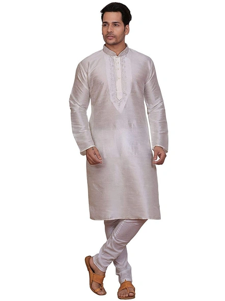Men's Embroidered Dupion Silk Kurta Pajama Set White-dwhite1