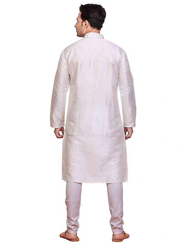 Men's Embroidered Dupion Silk Kurta Pajama Set-white-34-3