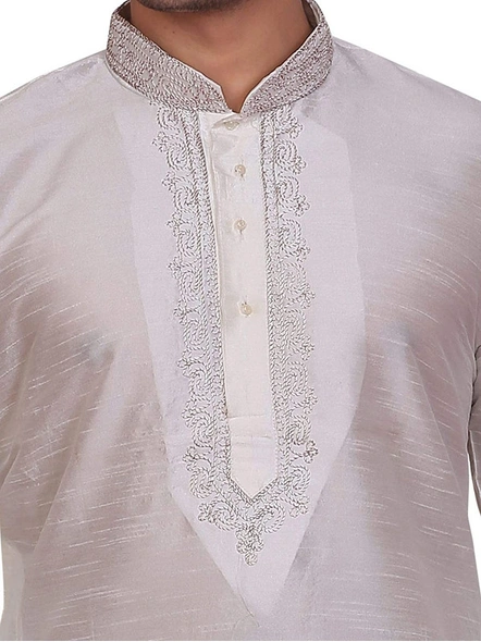 Men's Embroidered Dupion Silk Kurta Pajama Set White-white-34-4