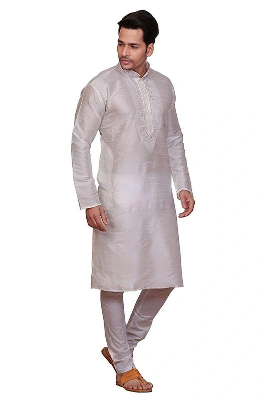 Men's Embroidered Dupion Silk Kurta Pajama Set-white-36-2