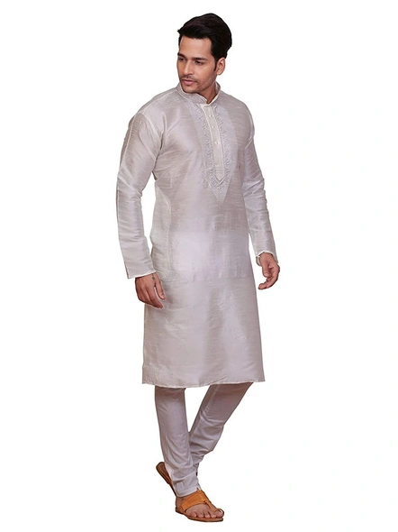 Men's Embroidered Dupion Silk Kurta Pajama Set White-white-36-2