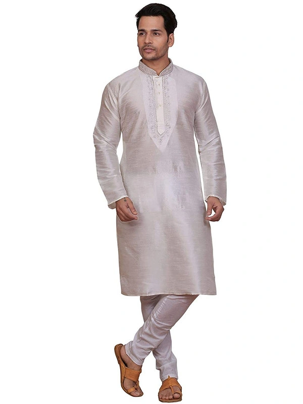 Men's Embroidered Dupion Silk Kurta Pajama Set-dwhite5