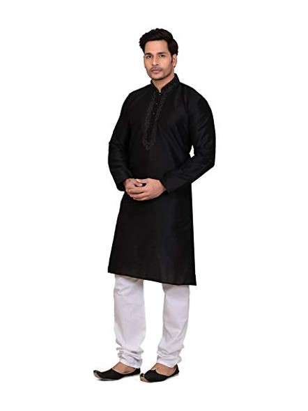 Men's Embroidered Dupion Silk Kurta Pajama Set black-black-34-1
