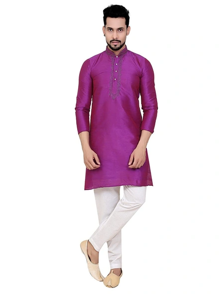 Men's Embroidered Dupion Silk Kurta Pajama Set Purple-dpurple1