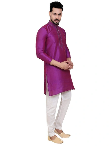 Men's Embroidered Dupion Silk Kurta Pajama Set Purple-Purple-34-1