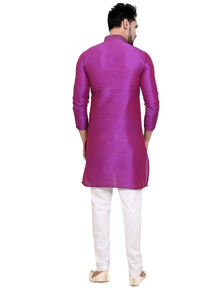 Men's Embroidered Dupion Silk Kurta Pajama Set Purple-Purple-34-3
