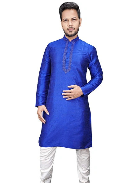 Men's Embroidered Dupion Silk Kurta Pajama Set Royal blue-droyalblue1