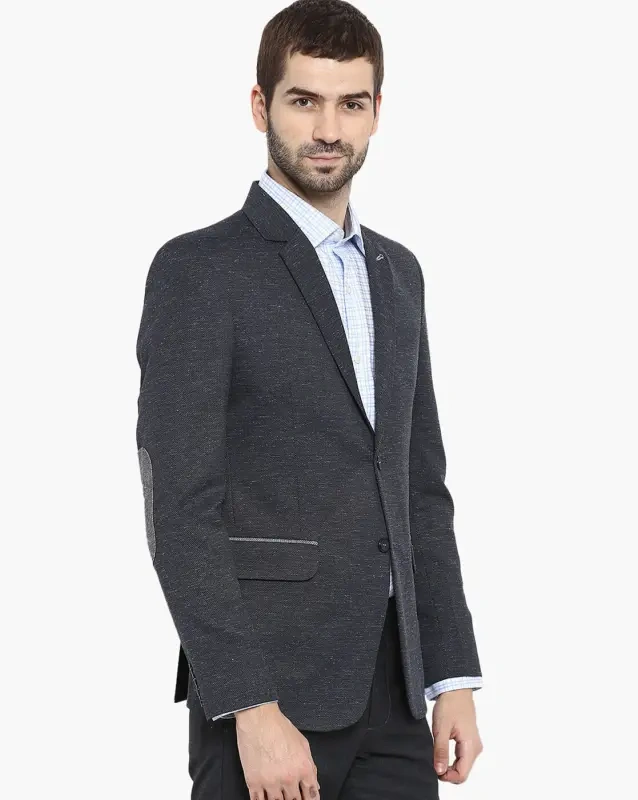  Navy blueTextured Slim Fit Single-Breasted Blazer with Notched Lapel