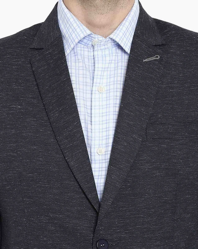  Navy blueTextured Slim Fit Single-Breasted Blazer with Notched Lapel