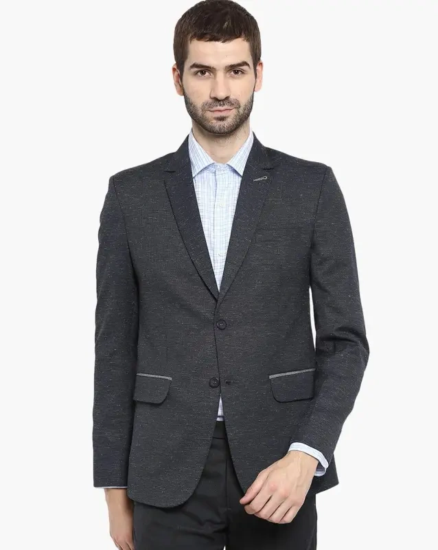 Navy blueTextured Slim Fit Single-Breasted Blazer with Notched Lapel