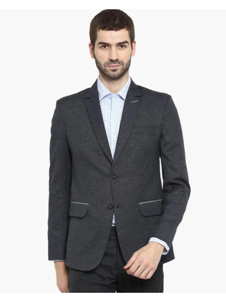 Navy blueTextured Slim Fit Single-Breasted Blazer with Notched Lapel