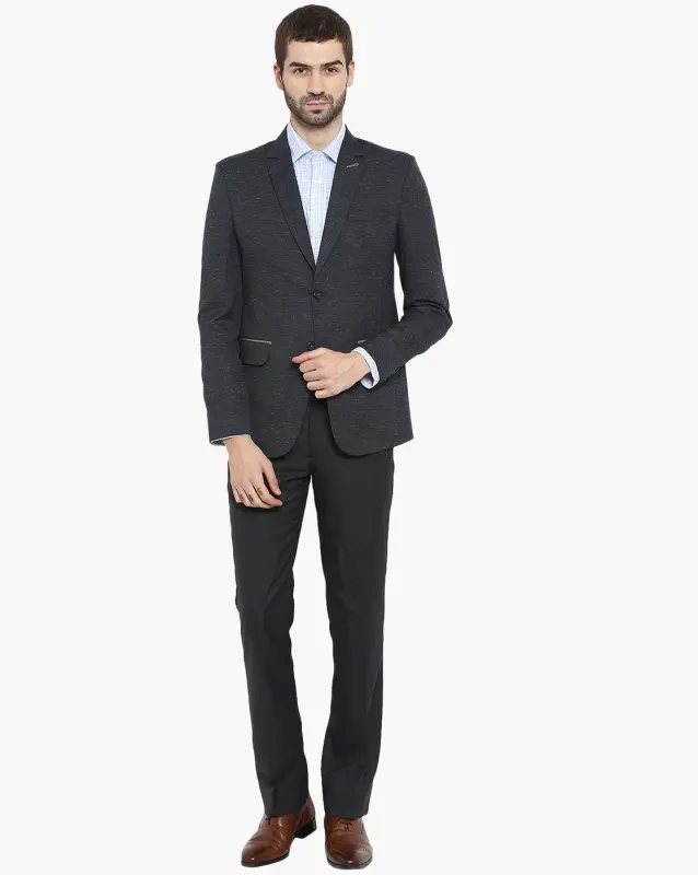  Navy blueTextured Slim Fit Single-Breasted Blazer with Notched Lapel