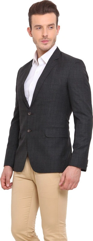  Grey Checkered Single Breasted Casual Men Full Sleeves Blazer