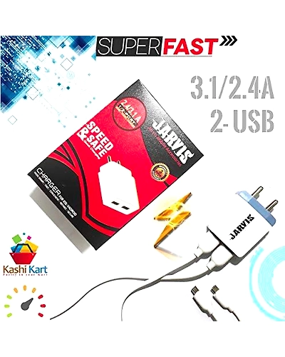 Super Fast Charger 3.1A+2.4A Dual USB (2-Ports) with free USB data cable - Jarvis Charger by Kashikart-KK1237