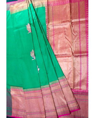 Green Meena Flower with Contrast iskutt Banarasi Saree with Blouse-162021-00011