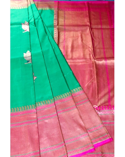 Green Meena Flower with Contrast iskutt Banarasi Saree with Blouse-5