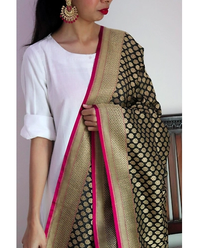 Black Chunri Boota Cutwork Handloom Banarasi Dupatta-162021-0000104