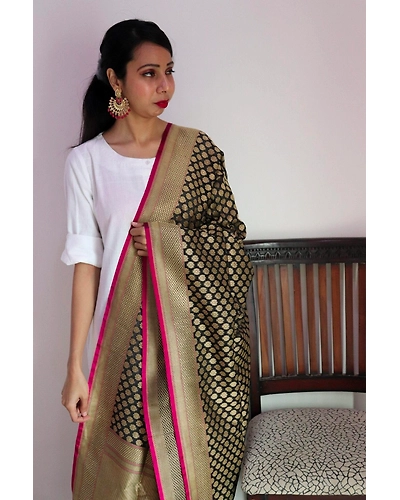 Black Chunri Boota Cutwork Handloom Banarasi Dupatta-2