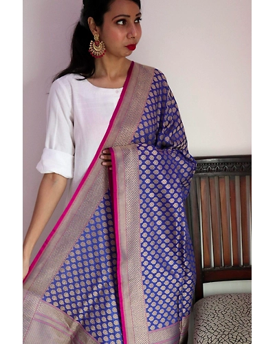Blue Chunri Booti Cutwork Handloom Banarasi Dupatta-1