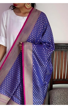 Royal Blue Chunri Booti Cutwork Handloom Banarasi Dupatta