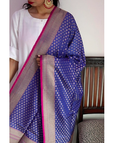 Royal Blue Chunri Booti Cutwork Handloom Banarasi Dupatta-162021-0000106