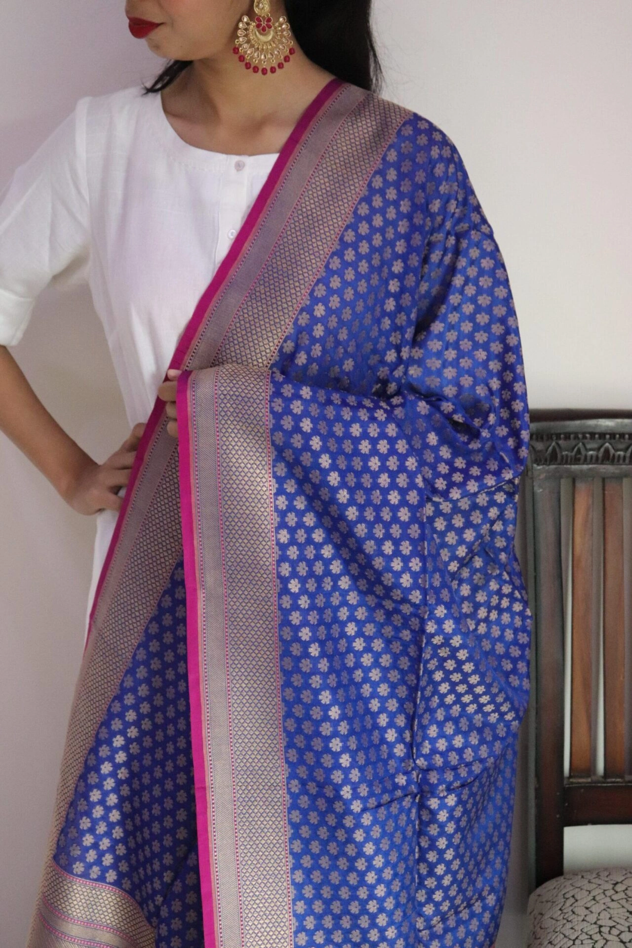 Royal Blue Chunri Booti Cutwork Handloom Banarasi Dupatta-2