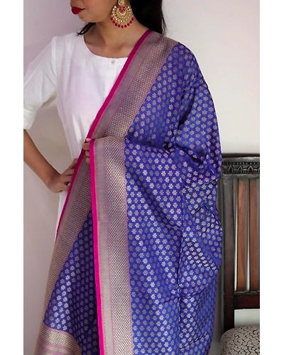 Royal Blue Chunri Booti Cutwork Handloom Banarasi Dupatta-3