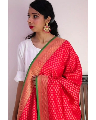 Red Booti Cutwork Handloom Banarasi Dupatta-4