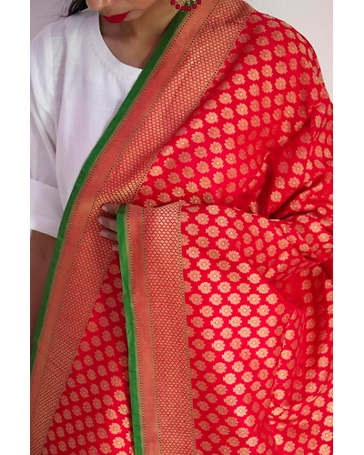 Red Big Boota Cutwork Handloom Banarasi Dupatta-162021-0000108