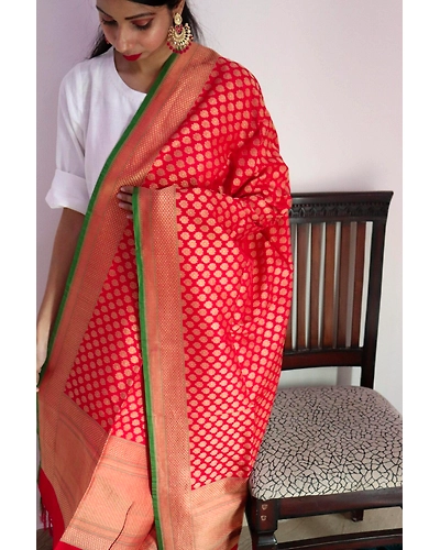 Red Big Boota Cutwork Handloom Banarasi Dupatta-2