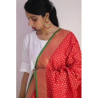 Red Leaf Booti Cutwork Handloom Banarasi Dupatta