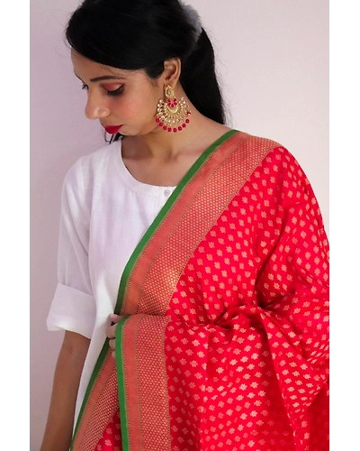 Red Leaf Booti Cutwork Handloom Banarasi Dupatta-162021-0000109