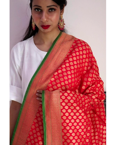 Red Big Boota Cutwork Handloom Banarasi Dupatta-5